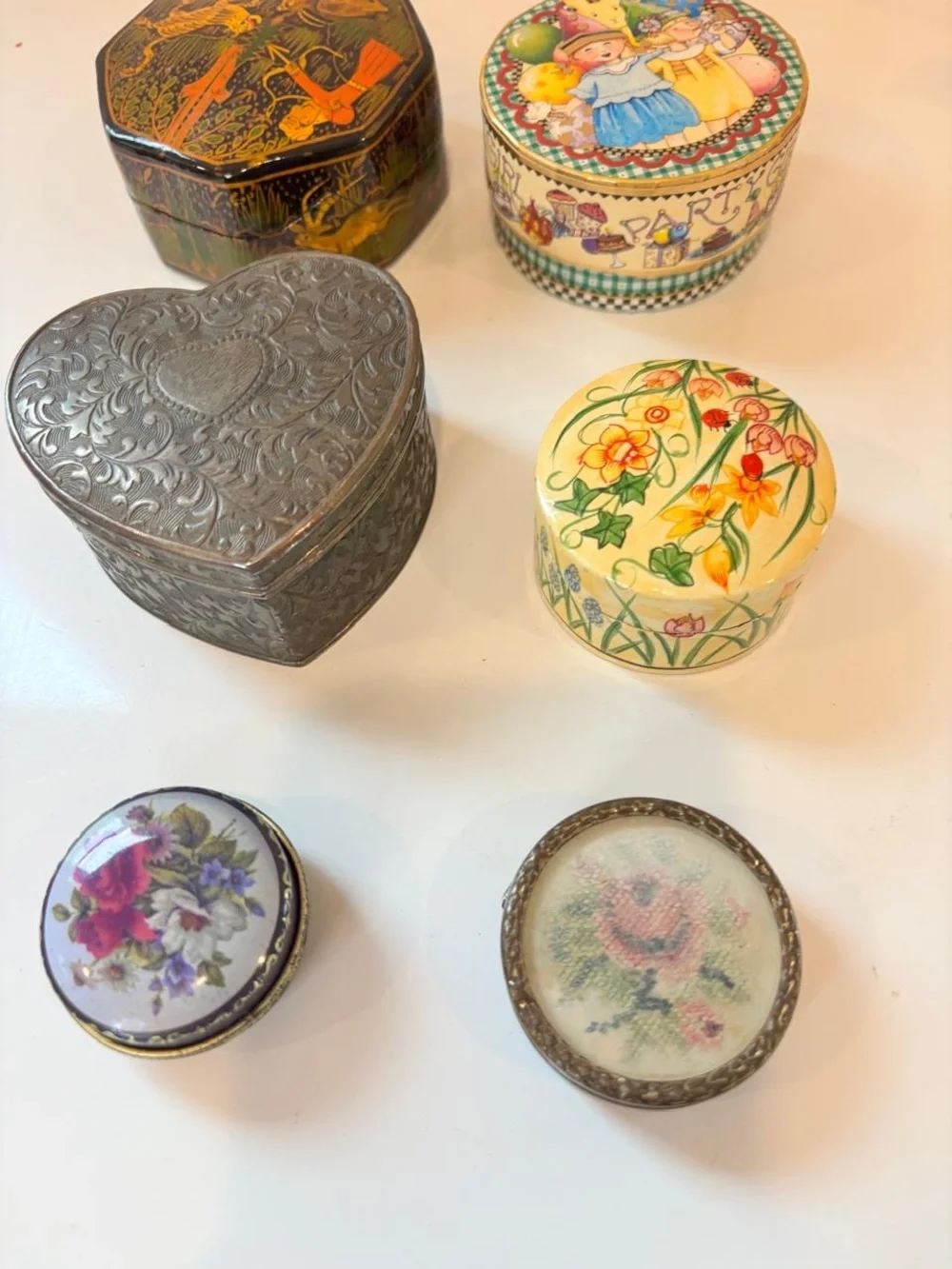 Vintage Box Lot- Kashmiri Papier Mache, Mary Engelbrecht, Heart Velvet, Floral